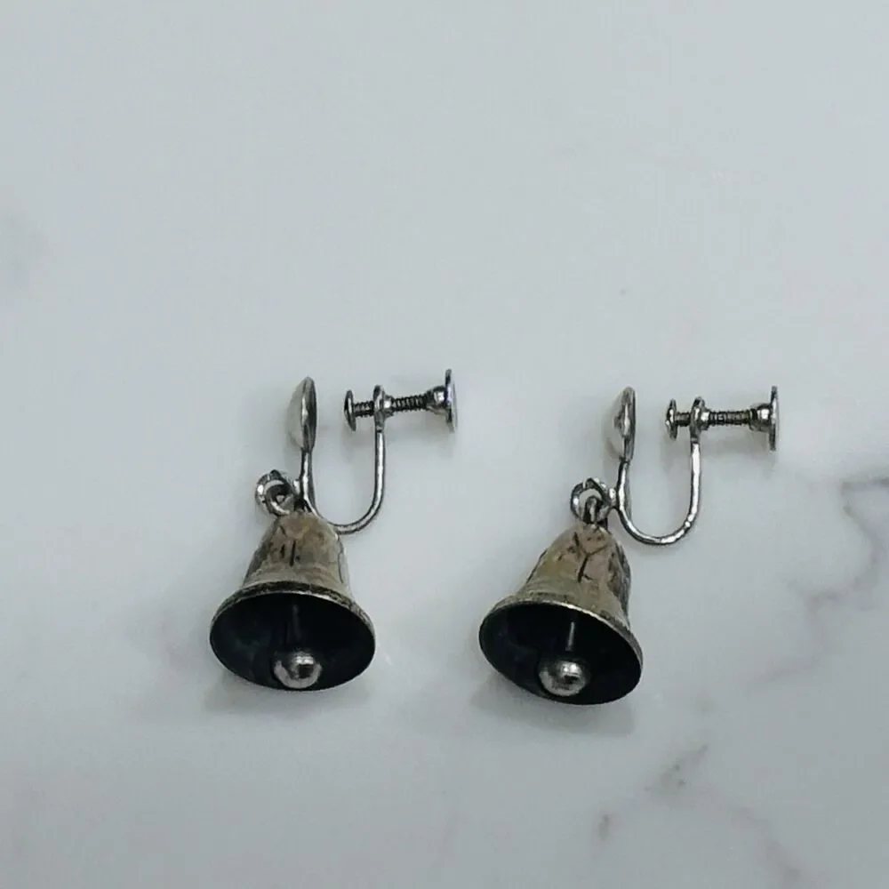 Vintage Sterling Silver Bell Earrings Dangle Screw Back Non Pierced 925 Estate